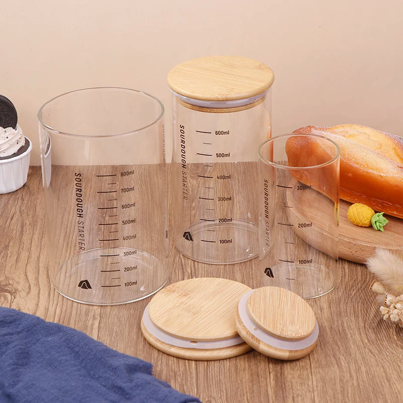 Sourdough Starter Fermentation Jar, Clear Glass, Durable Baking Storage, 300/600/900ml, with Heat Resistance