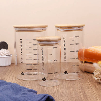 Sourdough Starter Fermentation Jar, Clear Glass, Durable Baking Storage, 300/600/900ml, with Heat Resistance