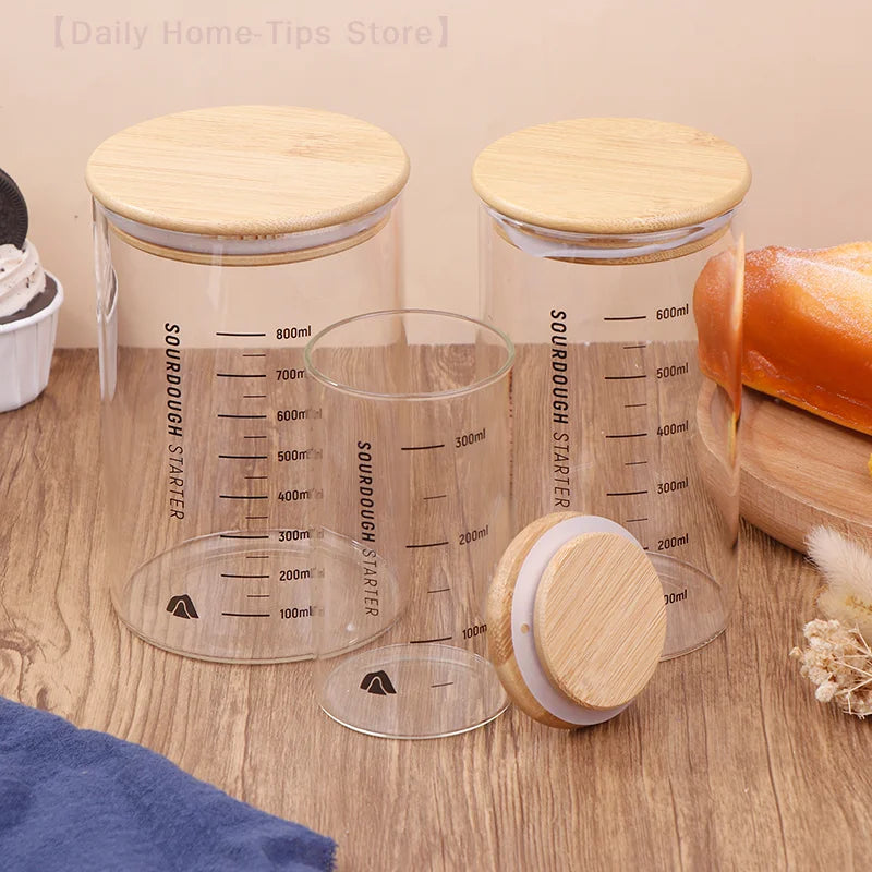 Sourdough Starter Fermentation Jar, Clear Glass, Durable Baking Storage, 300/600/900ml, with Heat Resistance